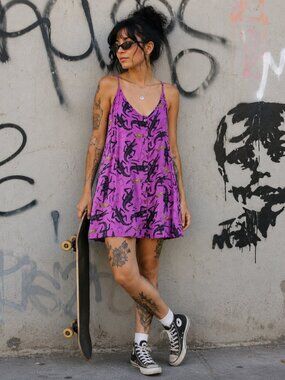 Obey Purple Mini Slip Dress with Black Print